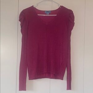 Elegant Red V-Neck Sweater with Ruched Shoulders